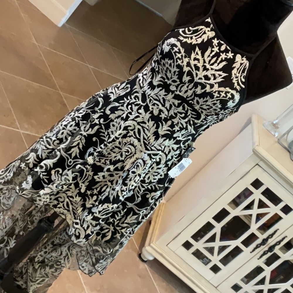 extraordinary hi low dress, side zip black with metallic threaded print, 3, NWT